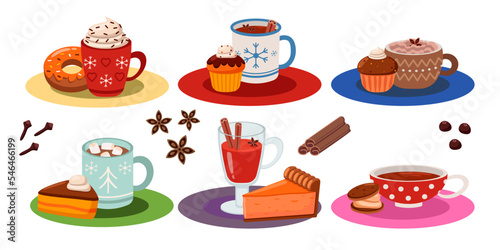 Hot drinks with baked treats cartoon illustrations set. Cups or mugs of coffee or hot chocolate and pastry isolated on white background. Beverage, Christmas or winter holidays, coziness concept
