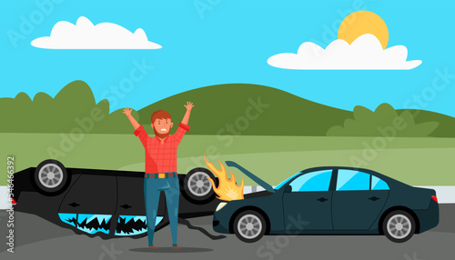 Stressed driver on road near crashed cars cartoon illustration. Man with raised arms screaming for help  overturned and burning vehicles. Traffic safety  transportation concept