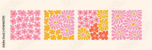 Groovy abstract flower art set. Organic doodle shapes in trendy naive retro hippie 60s 70s style. Contemporary poster and background. Floral botanic vector illustration in pink, yellow, orange colors.