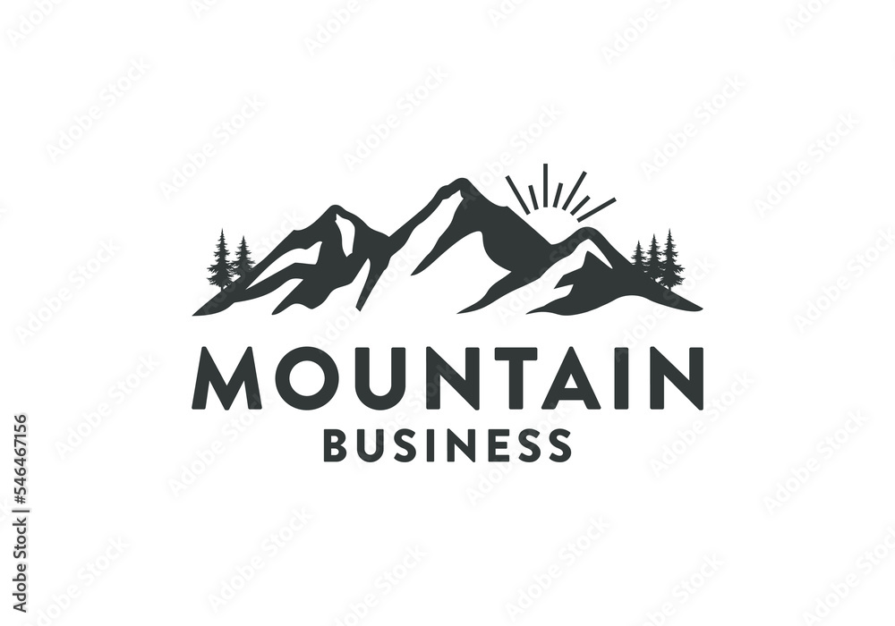 Mountain landscape logo design template, hills peak silhouette for outdoor travel adventure