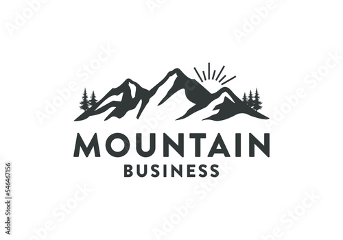 Mountain landscape logo design template, hills peak silhouette for outdoor travel adventure