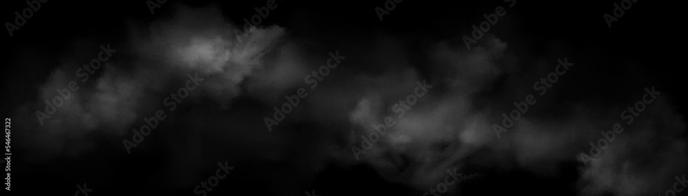Smoke, fog, white clouds on black background. Realistic cloudy texture, spooky mist, smog, haze, heaven, abstract natural cloudy evaporation effect, horizontal backdrop, Vector illustration