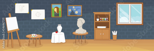 Cute and nice design of Art studio with furniture and interior objects vector design