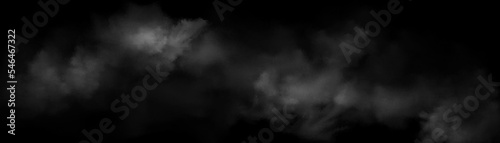 Smoke, fog, white clouds on black background. Realistic cloudy texture, spooky mist, smog, haze, heaven, abstract natural cloudy evaporation effect, horizontal backdrop, Vector illustration
