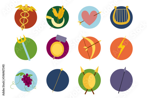 Symbols or instruments of Greek gods cartoon illustrations set. Signs of characters from ancient myths, hammer and shield, lyre, trident, grape on white background. Mythology, history concept
