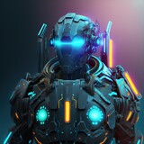 Sci-fi robotic exoskeleton armor with human operator inside, robot with neon glow on face 3d illustration