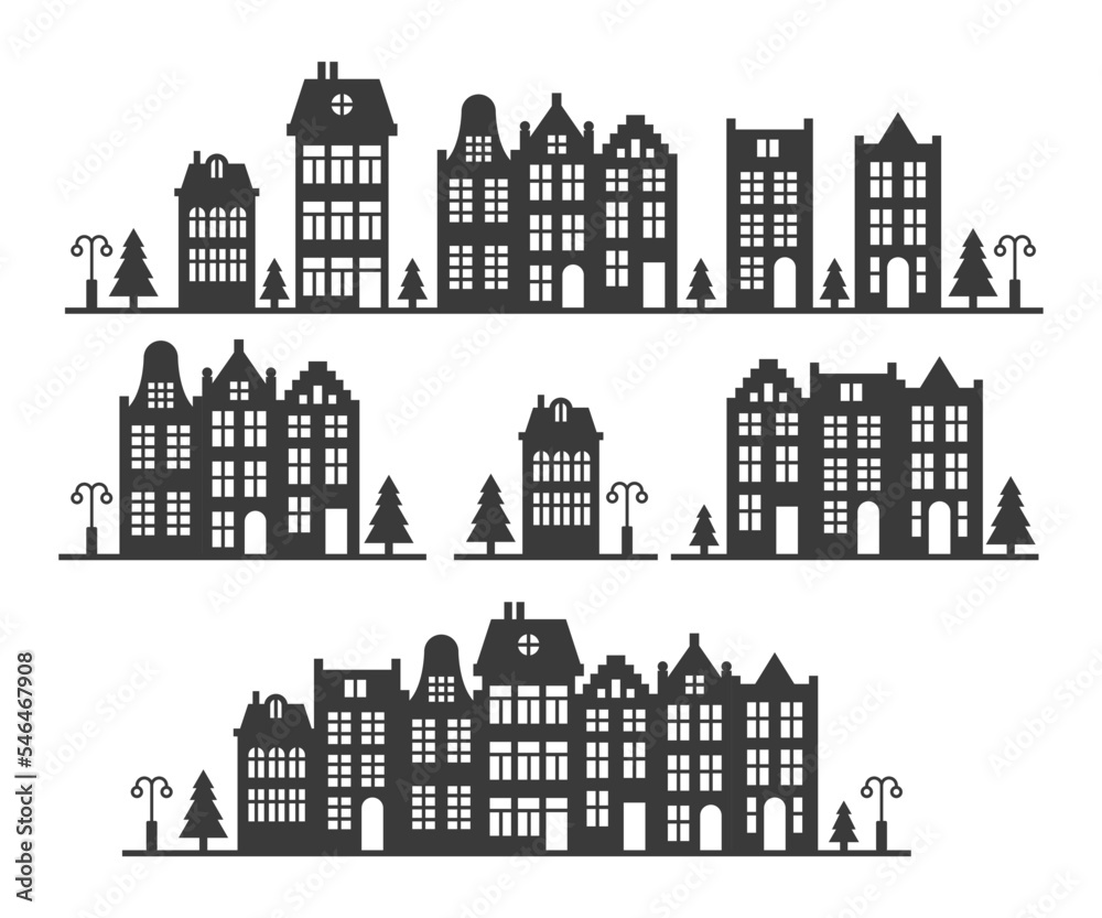 Silhouette of a row Amsterdam style houses. Facades of European old buildings for Christmas decoration. Vector