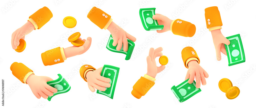 Man hand hold coins and paper cash money. Person hand with dollar banknotes, bills, gold coins for paying, giving for charity, exchange, taking, 3d render illustration isolated on white background Man hand hold coins and paper cash money. Person hand with dollar banknotes, bills, gold coins for paying, giving for charity, exchange, taking, 3d render illustration isolated on white background