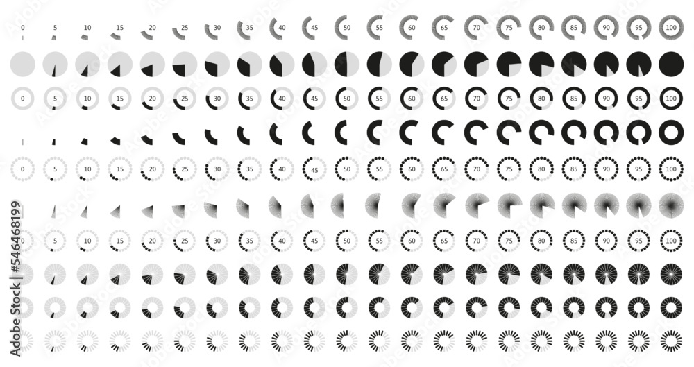 Volume level knob animation. Circle control bar, animated round loader and rotary knobs vector icon set