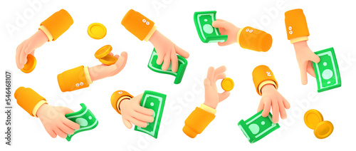 Man hand hold coins and paper cash money. Person hand with dollar banknotes, bills, gold coins for paying, giving for charity, exchange, taking, 3d render illustration isolated on white background