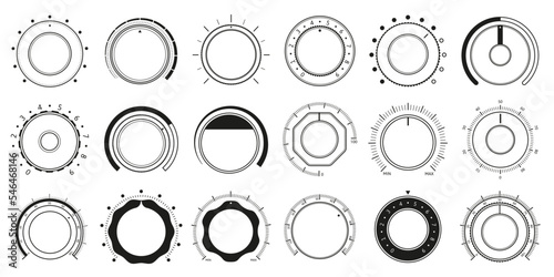 Volume adjustment dials. Round level knob, rotary control dial and sound controller interface circle switch vector set photo