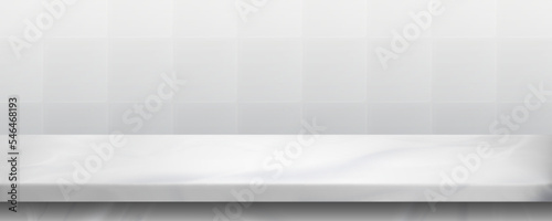 White marble countertop and tile wall. Empty bathroom shelf, kitchen table top with stone texture and mosaic backsplash on backdrop, vector realistic illustration