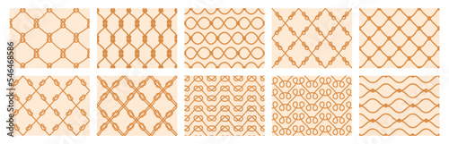 Nautical rope patterns. Seamless marine cord ornaments, sailor rope knots and net grid vector background set