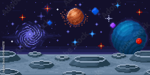Pixel art planet surface. Space arcade 8-bit videogame location, moon landscape and galaxy sky vector background Illustration