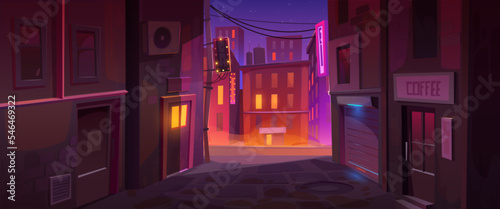 Night city street corner urban cityscape background, quiet nook with buildings back exit doors, coffee house, windows and view on central illuminated road, Cartoon vector game or book illustration