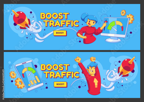 Set of boost traffic banner templates. Contemporary vector illustration of colorful online ads design, characters happy with website visitors growth and flying rockets. Online business solutions photo