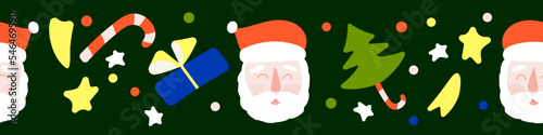 seamless border of Christmas with face of Santa Claus on a dark green background