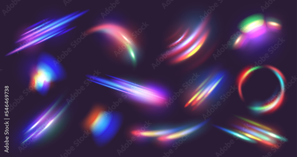 Diamond prism light flares. Crystal caustic light, lens effects and diamond refraction colors overlay vector set - obrazy, fototapety, plakaty 
