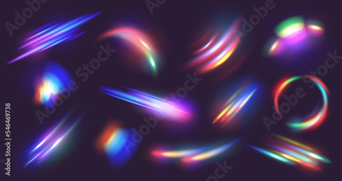 Diamond prism light flares. Crystal caustic light, lens effects and diamond refraction colors overlay vector set