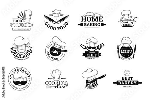 Cooking label. Food studio emblem, chef menu and cooking school class labels with cook hat vector set