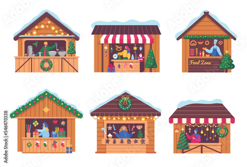 Christmas market stalls. Decoration shop, hot drinks stall, gifts boxes and stockings kiosk. Xmas fair shops vector illustration set
