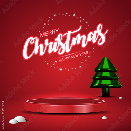 3D realistic shiny round podium display with festive ornament and neon texts on red background for Christmas and New Year. Vector illustration.