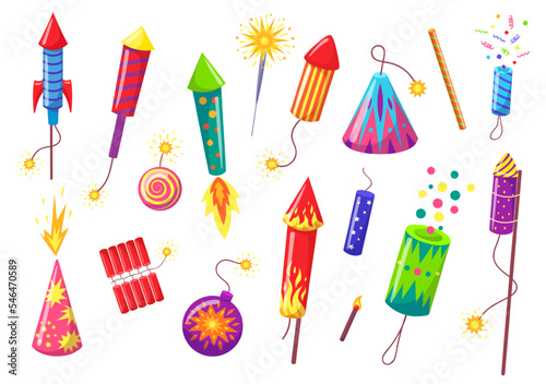 Cartoon holiday pyrotechnics. Festive petards, pyrotechnic fireworks rockets and firecrackers. Holiday decorative bombs vector set