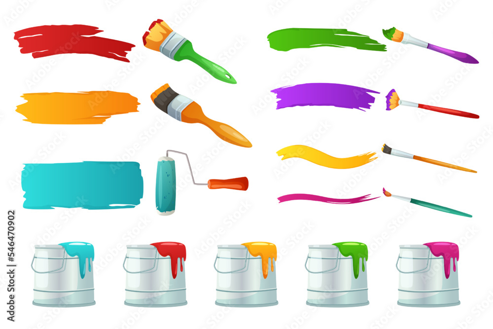 Roller and paint brushes. Can of colored paint and brush stroke