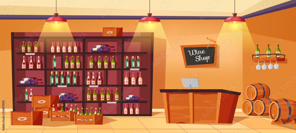 Wine shop interior. Restaurant bar table, shelves with alcohol bottles ...