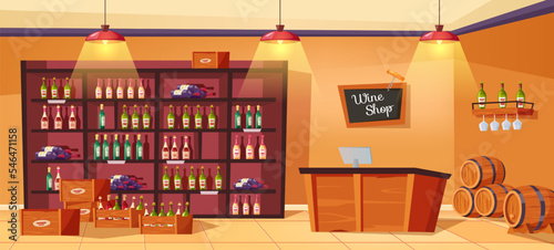 Wine shop interior. Restaurant bar table, shelves with alcohol bottles and winery barrels. Retail or pub vector Illustration