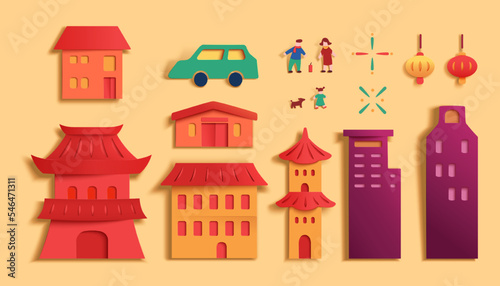 Papercut buildings and Asian family