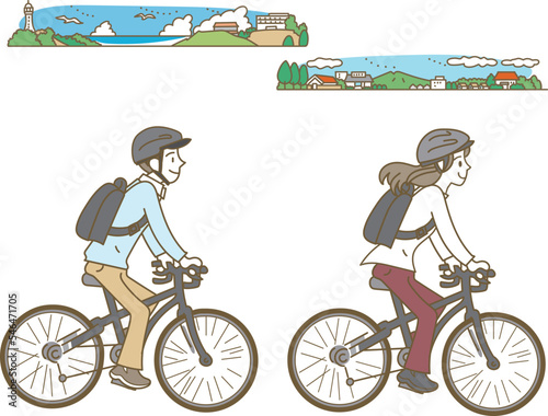 ヘルメットをして自転車に乗る若い男女と街並みのイラストセット