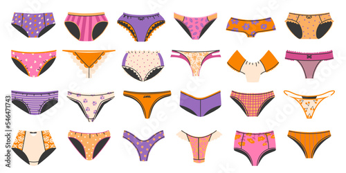 Women panties. Female underwear types, lady wardrobe lingerie and underpants models vector set