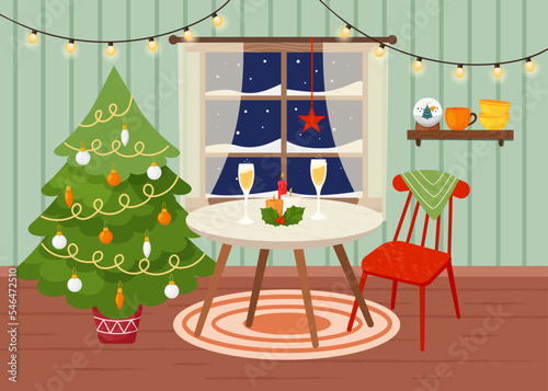 Festive dining room interior with furniture, Christmas tree, window with night scene. Glasses of champagne and candles on the table. Vector cozy rustic style room background