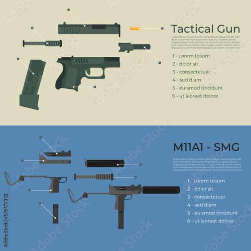 Airsoft gun icon set all parts described vector illustration with assembly instructions on a blue and gray background. 
