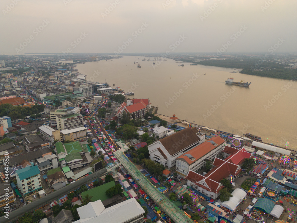Aerial top view of observation deck viewpoints tower, Samut Prakan urban city town skyline view. Sightseeing exploring city skyline in travel on holiday vacation. Thailand.