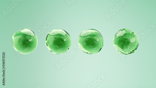 Green bubble of aloe vera gel on green background for herbal serum product concept. 3D rendering.