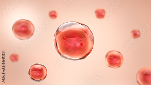 Red stem cell or drop of blood on pink background. Collagen, Skin treatment and skin care product concept. 3D rendering. photo