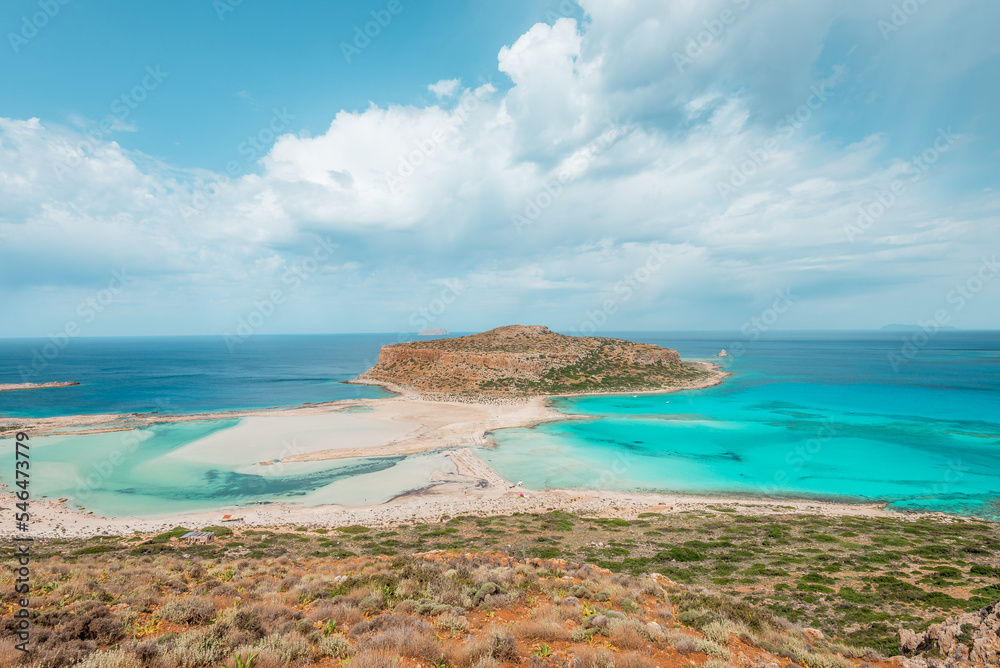 Balos lagoon, crete island, greece: tigani island with white sandy beach and turquoise blue water at the main tourist destination near chania