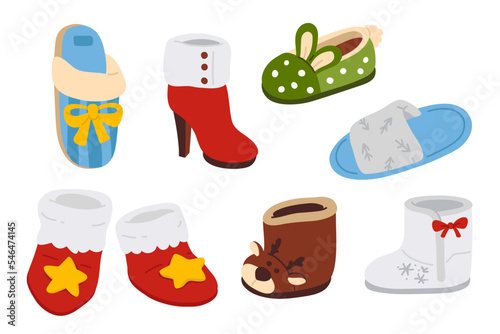 Cute vector collection of colorful winter various boots and slippers