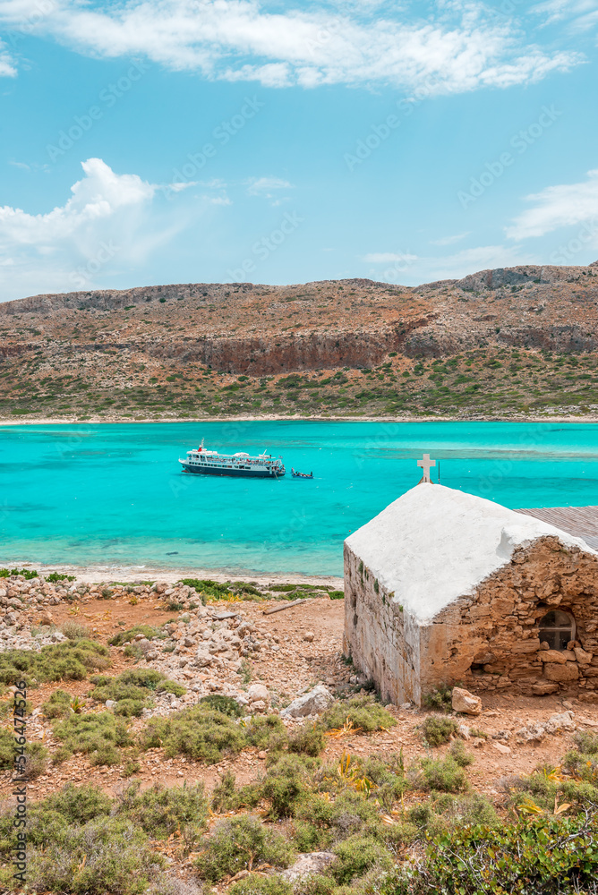 Balos lagoon, crete island, greece: boat cruise to the white sandy beach and turquoise blue water at the main tourist destination near chania