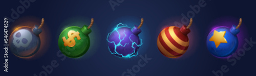 Bombs with fuse props game icons. Explosive military weapon with rope wick, skull, dollar sign, electric lightnings, stripes and star. Cartoon metal balls 3d vector set, user asstes, graphic elements