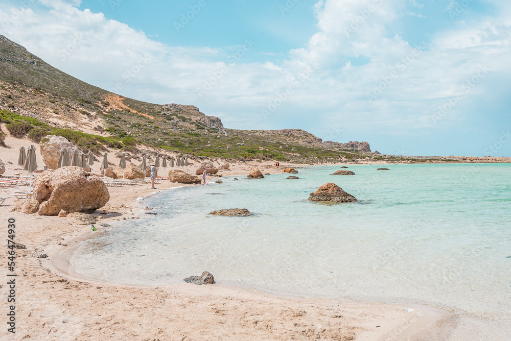 Balos lagoon, crete island, greece: white sandy beach and turquoise blue water at the main tourist destination near chania