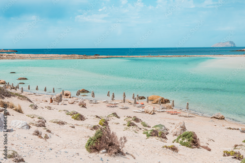 Balos lagoon, crete island, greece: white sandy beach and turquoise blue water at the main tourist destination near chania