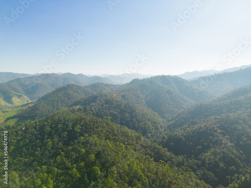 Fototapeta Naklejka Na Ścianę i Meble -  Aerial top view of forest trees and green mountain hills with sea fog, mist and clouds. Nature landscape background, Thailand.