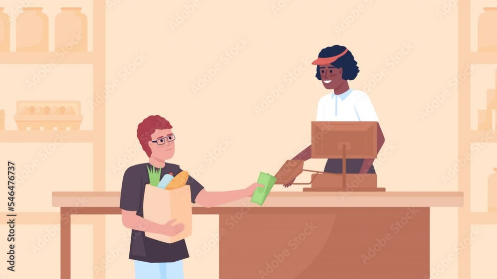 Animated boy in grocery illustration. Child buying products in supermarket. Cashier taking money. Looped flat color 2D cartoon characters animation video in HD with store on transparent background Animated boy in grocery illustration. Child buying products in supermarket. Cashier taking money. Looped flat color 2D cartoon characters animation video in HD with store on transparent background