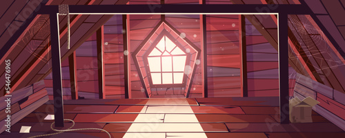 House attic interior, empty old mansard room with arched gothic window and spider webs. Spacious light place on roof with wooden beams, wood floor, architecture, dwelling. Cartoon vector illustration