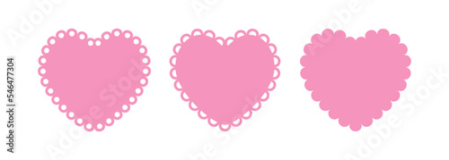 Scalloped edge heart shapes set. Simple heart scalloped border. Fabric laces silhouette frame. Repeat cute vintage frill ornament. Texture ribbons. Vector illustration isolated on white background.