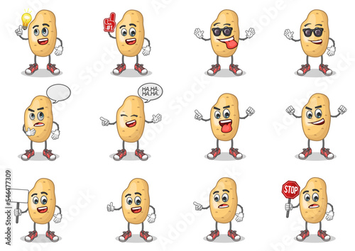 stock vector set of cute potato cartoon mascot with face expression on a white background