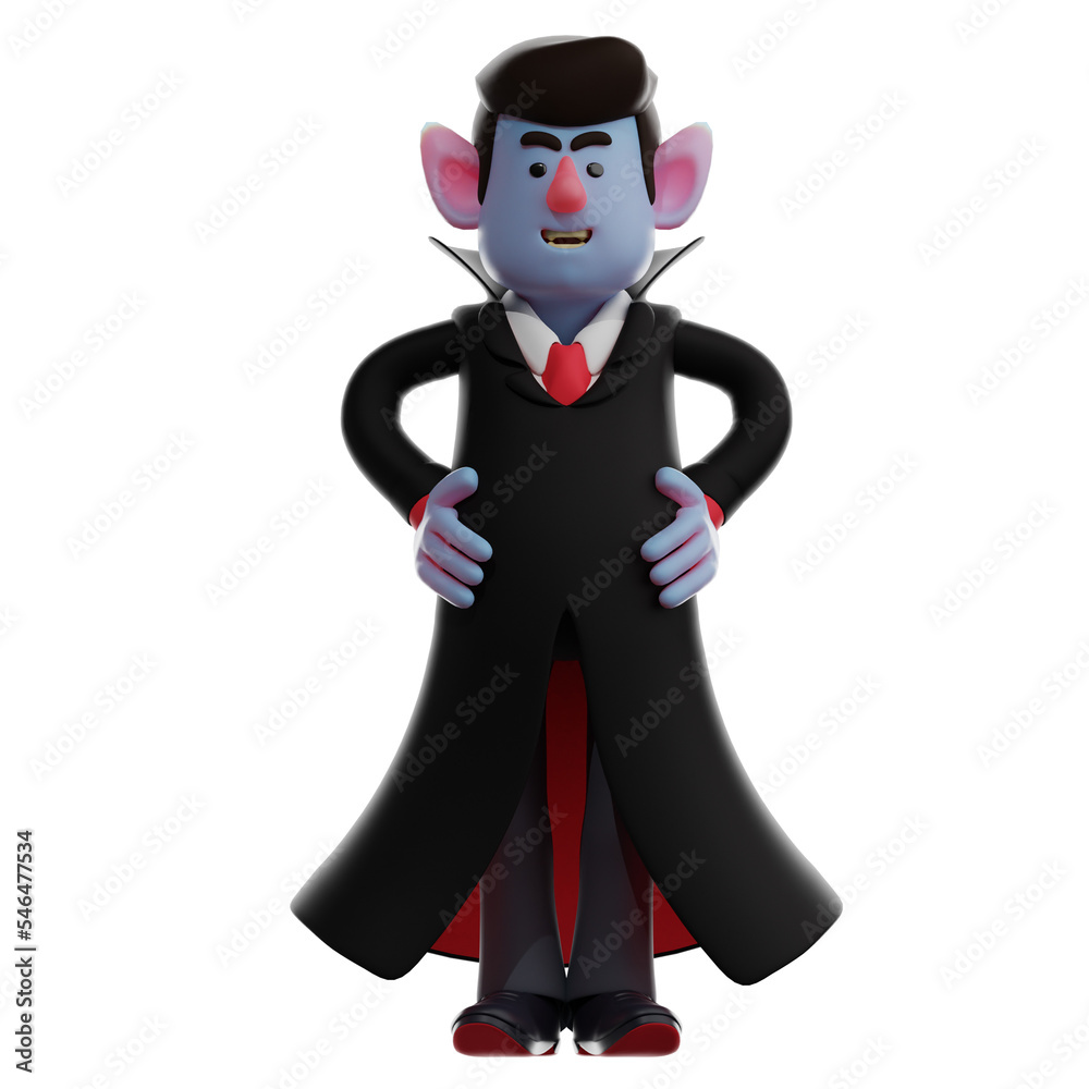 3D illustration. 3D Dracula Vampire Cartoon Design with cool poses. hands on hips. makes a scary face. 3D Cartoon Character 3D illustration. 3D Dracula Vampire Cartoon Design with cool poses. hands on hips. makes a scary face. 3D Cartoon Character